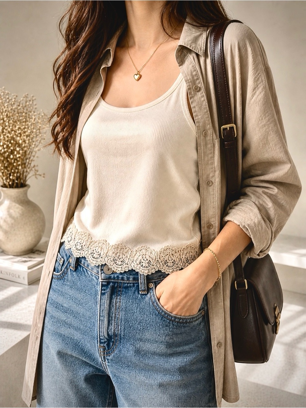 Chico's Ivory Scoop Neck Tank with Lace Trim